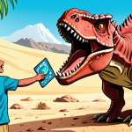 **Prompt:** A child excitedly holding a Dino Mecard Carnotaurus toy next to an illustration of a real Carnotaurus dinosaur. The background features a split scene: one side shows the vibrant, cartoonish Dino Mecard world, and the other side displays a paleontological dig site with fossils. The image should convey the blend of entertainment and education that Dino Mecard offers, sparking curiosity about paleontology. Style: Digital illustration, vibrant colors, educational, dynamic composition.