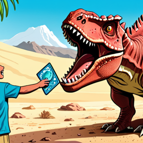 Home 4 **Prompt:** A child excitedly holding a Dino Mecard Carnotaurus toy next to an illustration of a real Carnotaurus dinosaur. The background features a split scene: one side shows the vibrant, cartoonish Dino Mecard world, and the other side displays a paleontological dig site with fossils. The image should convey the blend of entertainment and education that Dino Mecard offers, sparking curiosity about paleontology. Style: Digital illustration, vibrant colors, educational, dynamic composition.