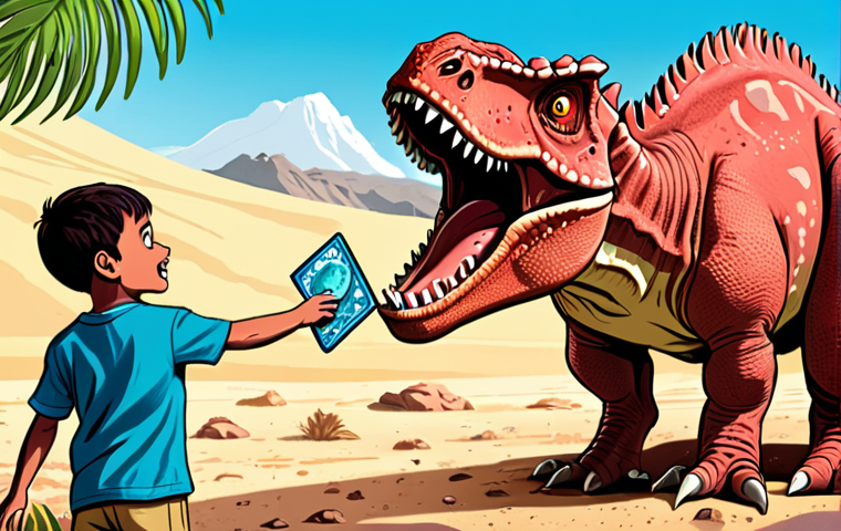 **Prompt:** A child excitedly holding a Dino Mecard Carnotaurus toy next to an illustration of a real Carnotaurus dinosaur. The background features a split scene: one side shows the vibrant, cartoonish Dino Mecard world, and the other side displays a paleontological dig site with fossils. The image should convey the blend of entertainment and education that Dino Mecard offers, sparking curiosity about paleontology. Style: Digital illustration, vibrant colors, educational, dynamic composition.